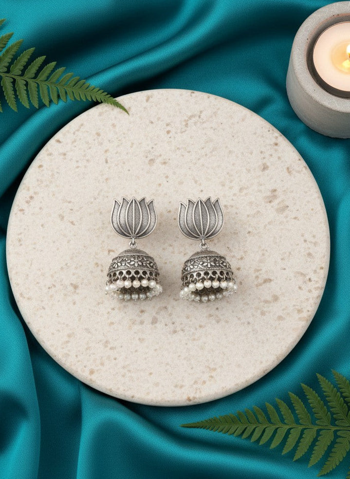 Silver Oxidized Lotus Motif Jhumka Earrings with Pearl Drops for Women - Everyday Wear