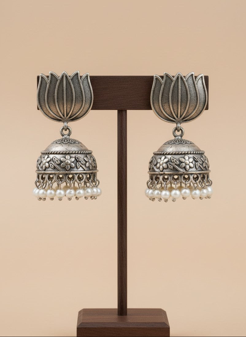 Silver Oxidized Lotus Motif Jhumka Earrings with Pearl Drops for Women - Everyday Wear