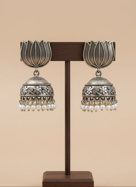 Silver Oxidized Lotus Motif Jhumka Earrings with Pearl Drops for Women - Everyday Wear