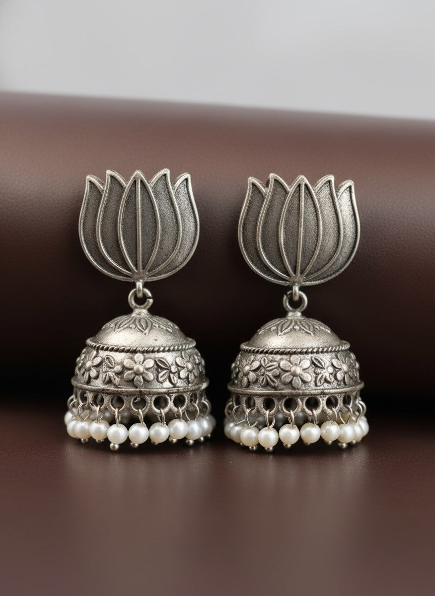 Silver Oxidized Lotus Motif Jhumka Earrings with Pearl Drops for Women - Everyday Wear