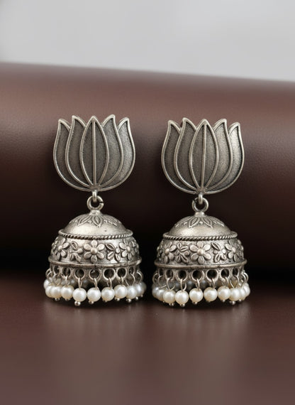 Silver Oxidized Lotus Motif Jhumka Earrings with Pearl Drops for Women - Everyday Wear