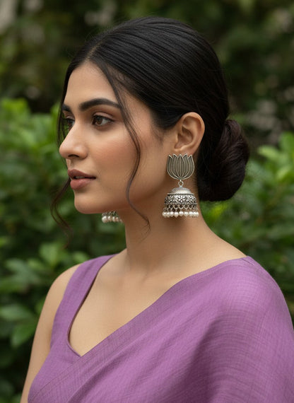 Silver Oxidized Lotus Motif Jhumka Earrings with Pearl Drops for Women - Everyday Wear
