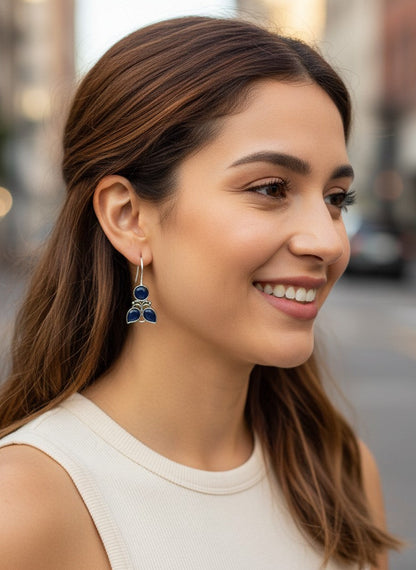 Silver Oxidized Midnight Blue Floral Hook Earrings for Women - Everyday Wear