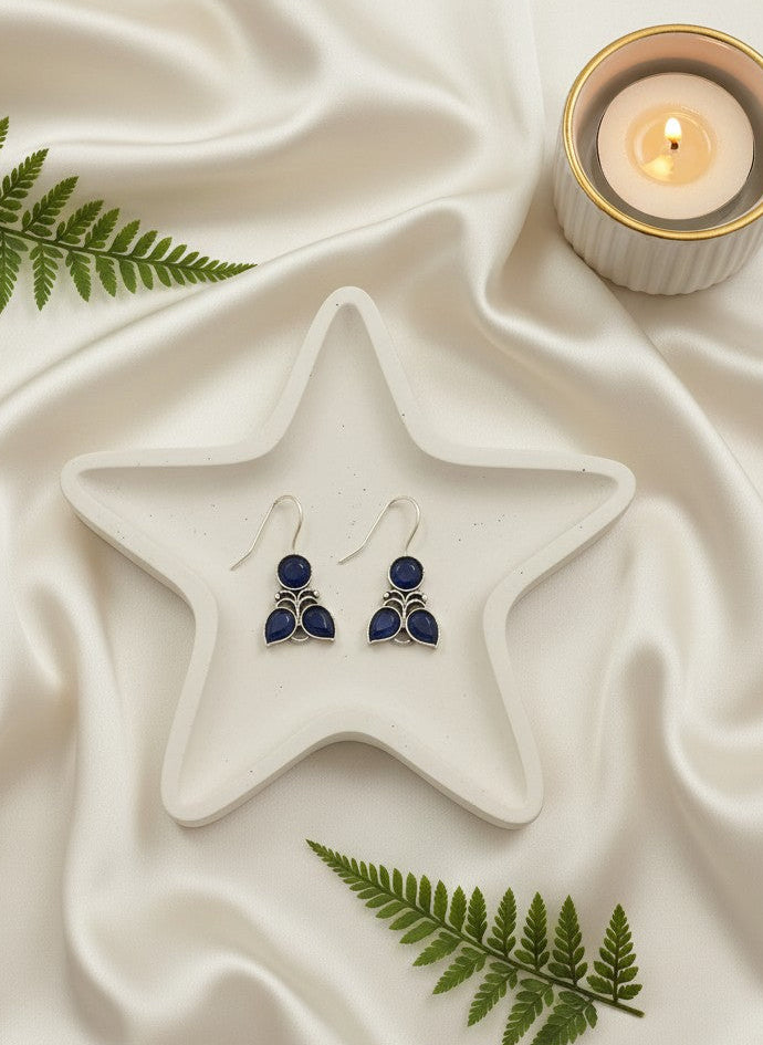 Silver Oxidized Midnight Blue Floral Hook Earrings for Women - Everyday Wear