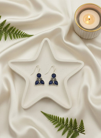 Silver Oxidized Midnight Blue Floral Hook Earrings for Women - Everyday Wear
