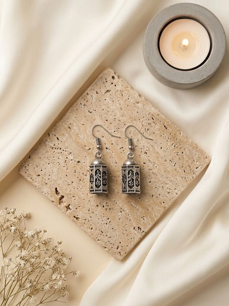 Silver Oxidized Miniature Moroccan Lantern Inspired Drop Earrings for Women – Ethnic Wear