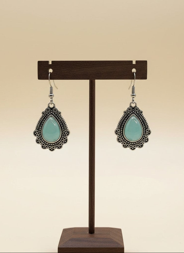 Silver Oxidized Mint Monalisa Stone Teardrop Filigree Hook Earrings for Women - Everyday Wear