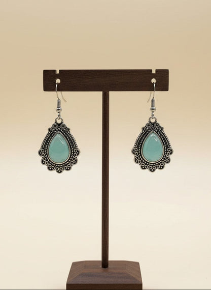 Silver Oxidized Mint Monalisa Stone Teardrop Filigree Hook Earrings for Women - Everyday Wear