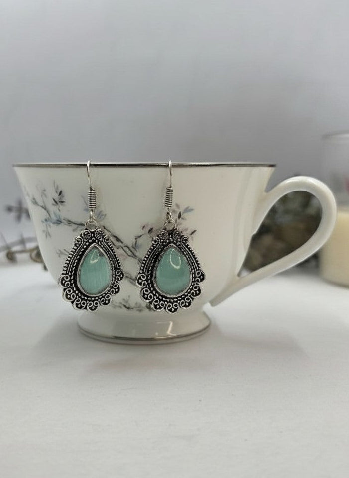 Silver Oxidized Mint Monalisa Stone Teardrop Filigree Hook Earrings for Women - Everyday Wear