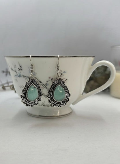 Silver Oxidized Mint Monalisa Stone Teardrop Filigree Hook Earrings for Women - Everyday Wear