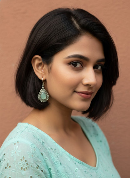 Silver Oxidized Mint Monalisa Stone Teardrop Filigree Hook Earrings for Women - Everyday Wear