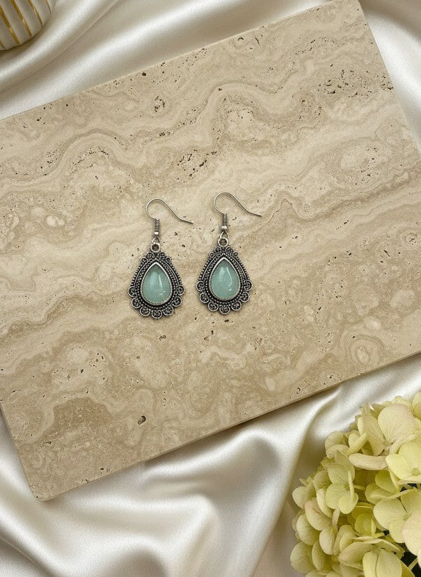 Silver Oxidized Mint Monalisa Stone Teardrop Filigree Hook Earrings for Women - Everyday Wear