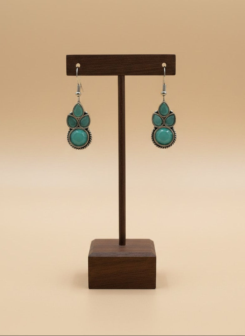 Silver Oxidized Mint Stone Floral Drop Earrings for Women - Everyday Wear