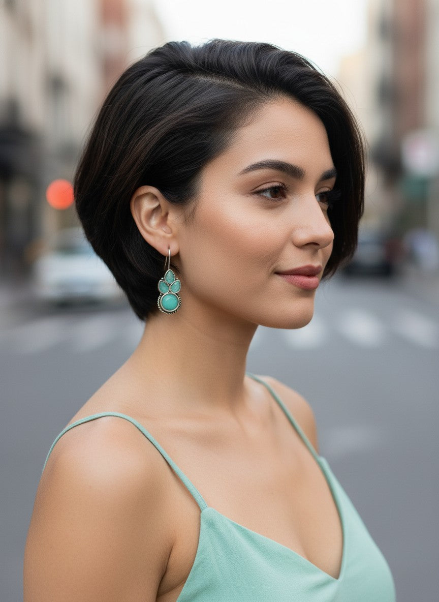 Silver Oxidized Mint Stone Floral Drop Earrings for Women - Everyday Wear