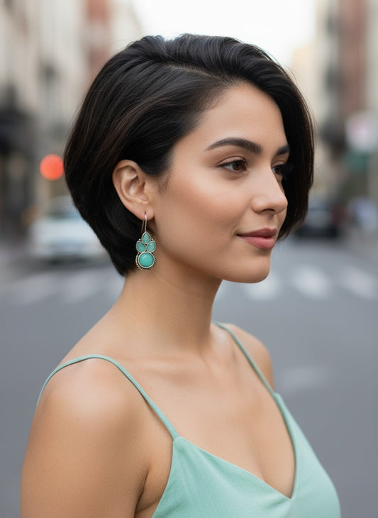 Silver Oxidized Mint Stone Floral Drop Earrings for Women - Everyday Wear