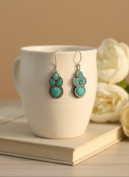 Silver Oxidized Mint Stone Floral Drop Earrings for Women - Everyday Wear
