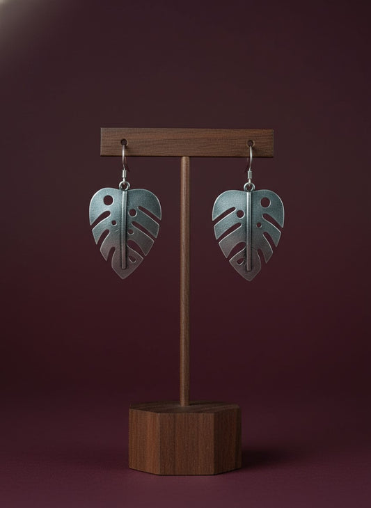 Silver Oxidized Monstera Leaf Statement Hook Earrings for Women - Casual Office Wear