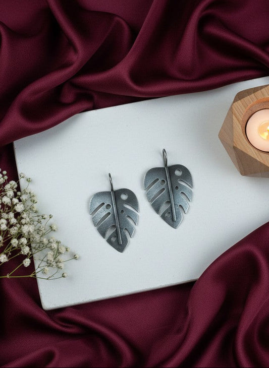 Silver Oxidized Monstera Leaf Statement Hook Earrings for Women - Casual Office Wear