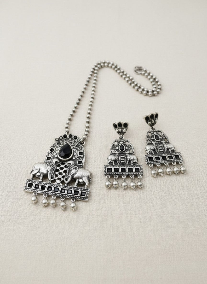 Silver Oxidized Nandi and Floral Motif design Necklace Set for Women - All Occasions