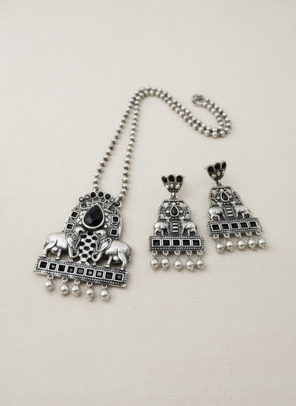 Silver Oxidized Nandi and Floral Motif design Necklace Set for Women - All Occasions