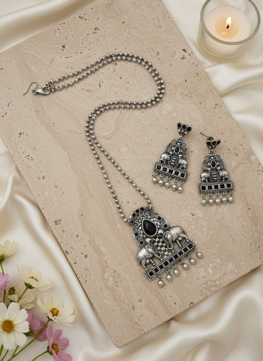 Silver Oxidized Nandi and Floral Motif design Necklace Set for Women - All Occasions
