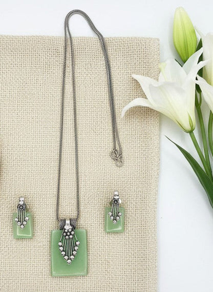 Silver Oxidized Neck chain Pendant Necklace set in Geometric Pattern Lime Green Monalisa Stones for Women
