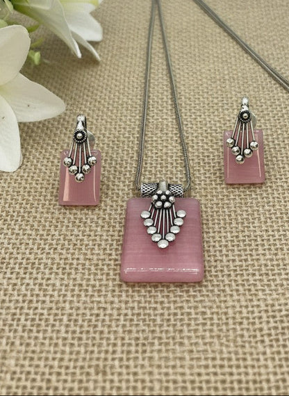 Silver Oxidized Neck chain Pendant Necklace set in Geometric pattern Rose Quartz Monalisa Stones for Women - Everyday Wear