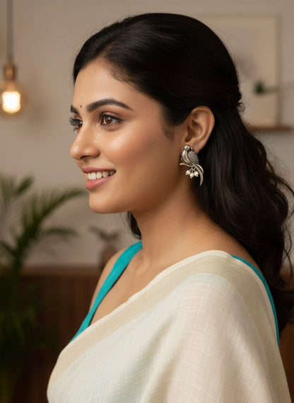 Silver Oxidized Parrot Motif Studs with Pearl Drops Earrings for Women - All Occasions wear
