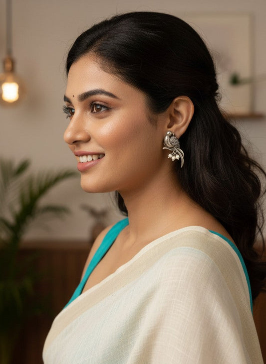 Silver Oxidized Parrot Motif Studs with Pearl Drops Earrings for Women - All Occasions wear