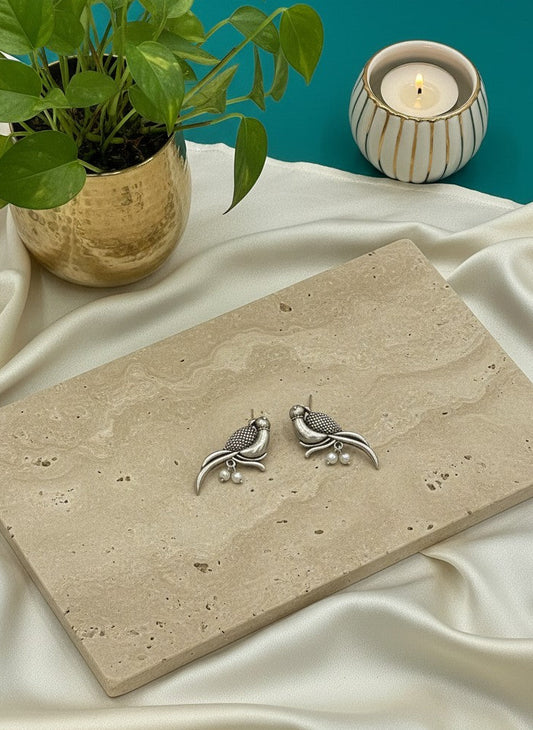 Silver Oxidized Parrot Motif Studs with Pearl Drops Earrings for Women - All Occasions wear