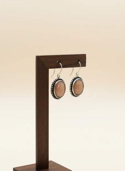 Silver Oxidized Peach Stone Oval Hook Earrings for Women - Minimal Wear
