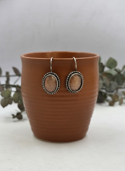 Silver Oxidized Peach Stone Oval Hook Earrings for Women - Minimal Wear