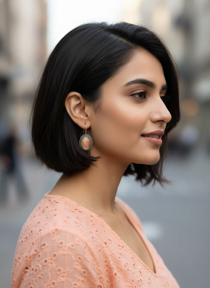 Silver Oxidized Peach Stone Oval Hook Earrings for Women - Minimal Wear