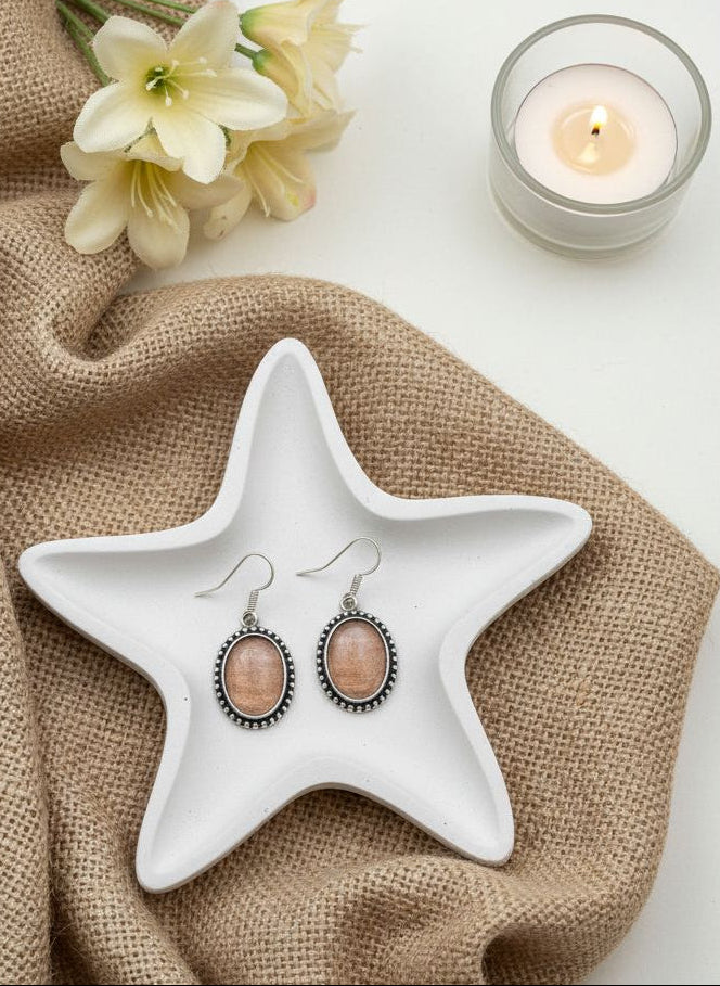 Silver Oxidized Peach Stone Oval Hook Earrings for Women - Minimal Wear