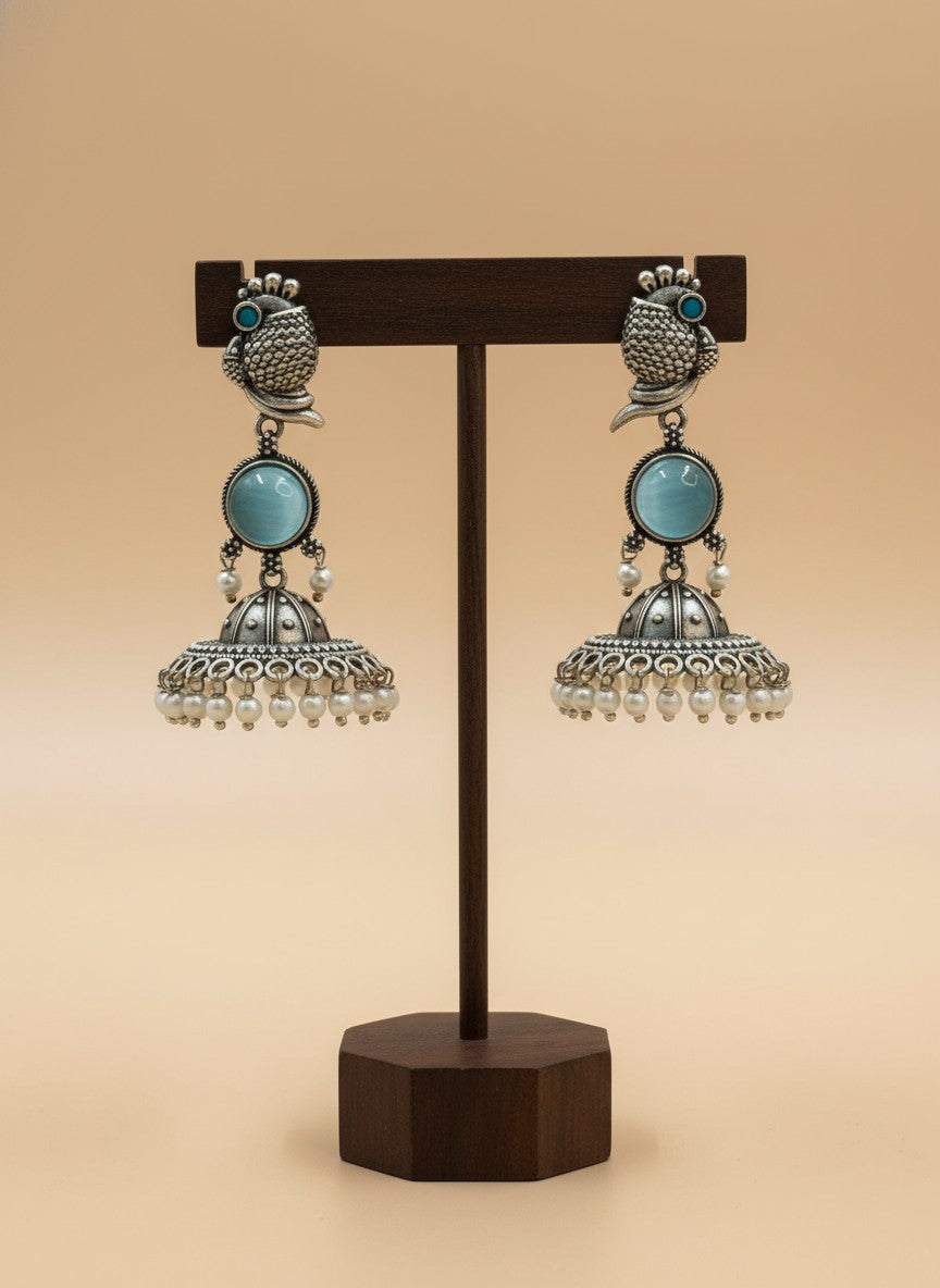 Silver Oxidized Peacock-Inspired Aqua Stone Jhumka Earrings for Women - Special Occasions
