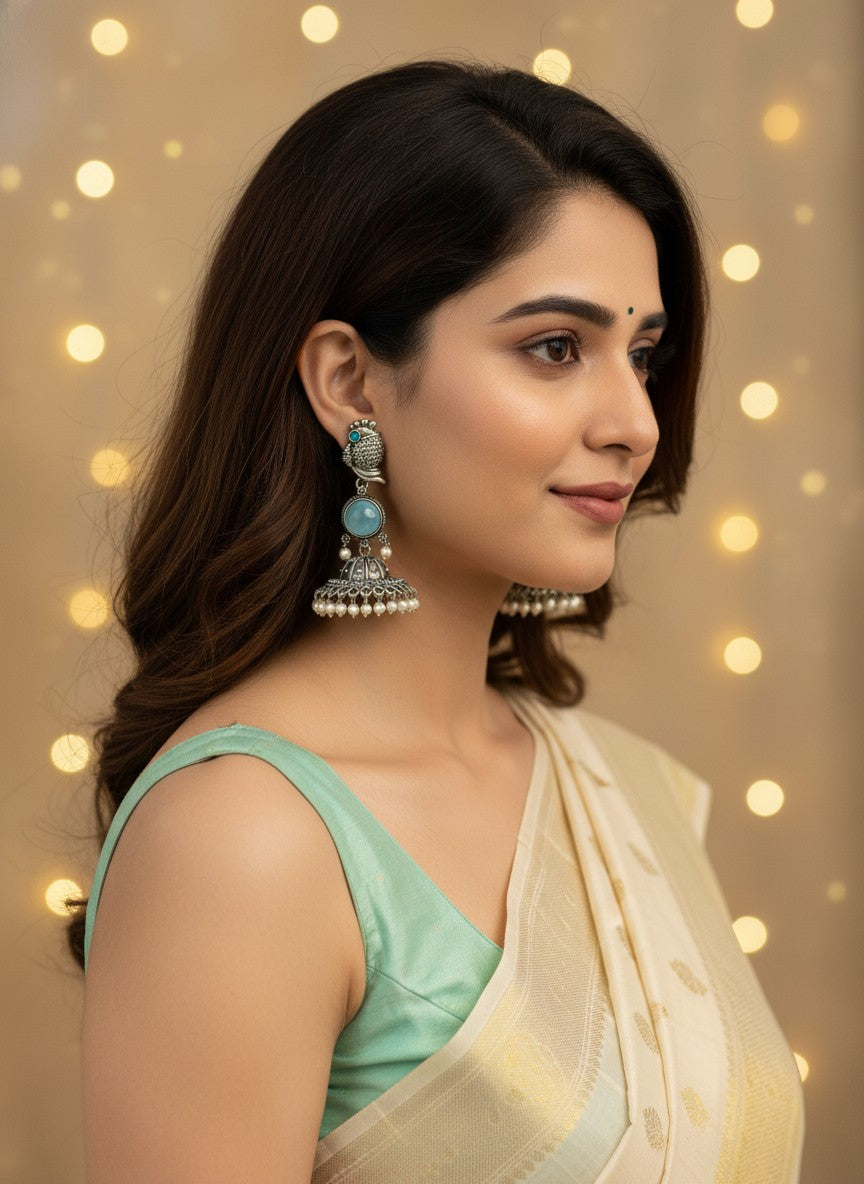 Silver Oxidized Peacock-Inspired Aqua Stone Jhumka Earrings for Women - Special Occasions