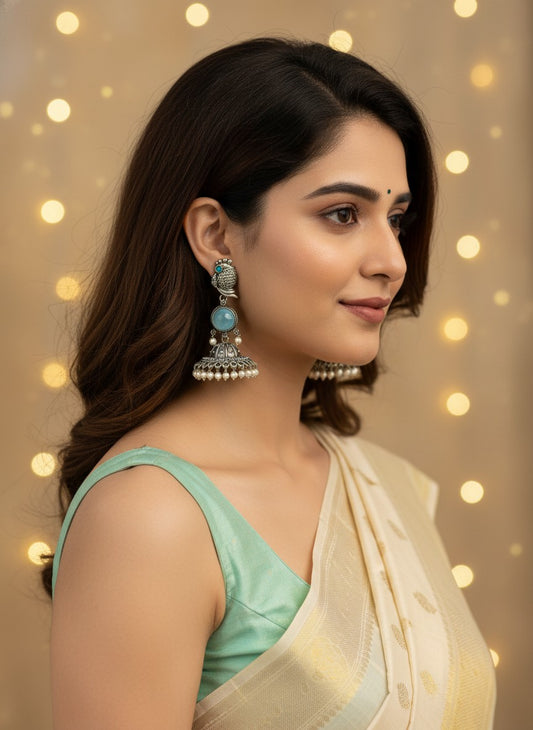 Silver Oxidized Peacock-Inspired Aqua Stone Jhumka Earrings for Women - Special Occasions