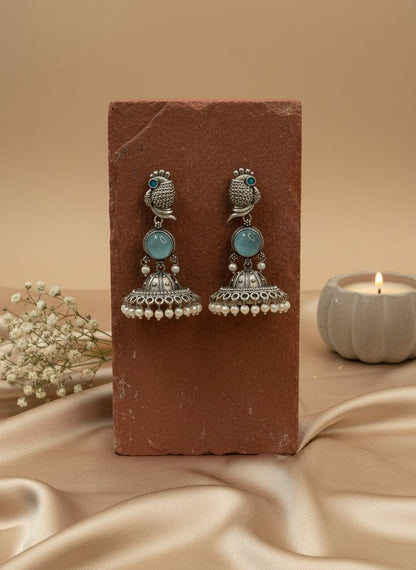 Silver Oxidized Peacock-Inspired Aqua Stone Jhumka Earrings for Women - Special Occasions