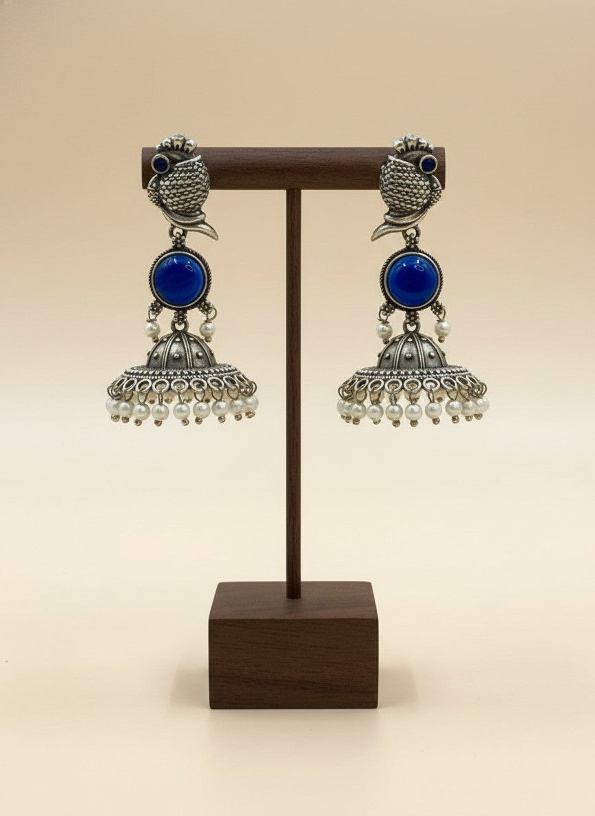 Silver Oxidized Peacock-Inspired Blue Stone Jhumka Earrings for Women - Special Occasions