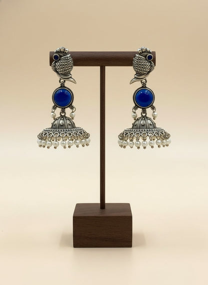 Silver Oxidized Peacock-Inspired Blue Stone Jhumka Earrings for Women - Special Occasions