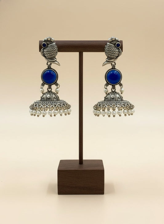 Silver Oxidized Peacock-Inspired Blue Stone Jhumka Earrings for Women - Special Occasions