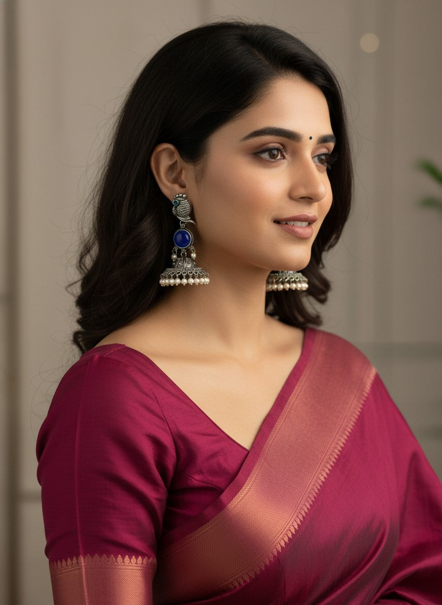 Silver Oxidized Peacock-Inspired Blue Stone Jhumka Earrings for Women - Special Occasions