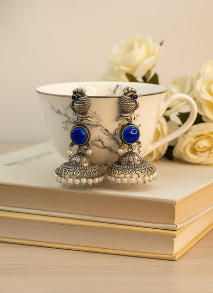 Silver Oxidized Peacock-Inspired Blue Stone Jhumka Earrings for Women - Special Occasions
