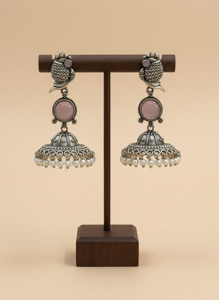 Silver Oxidized Peacock-Inspired Pink Stone Jhumka Earrings for Women - Special Occasions