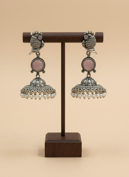 Silver Oxidized Peacock-Inspired Pink Stone Jhumka Earrings for Women - Special Occasions