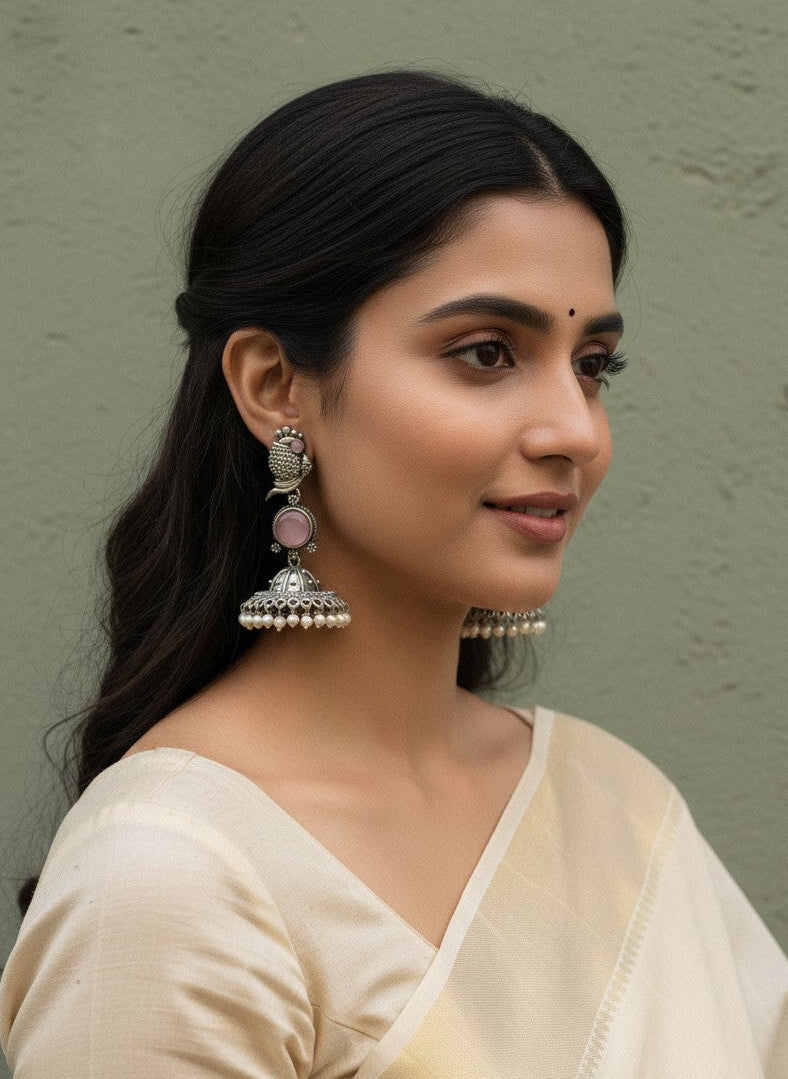 Silver Oxidized Peacock-Inspired Pink Stone Jhumka Earrings for Women - Special Occasions