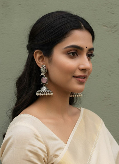 Silver Oxidized Peacock-Inspired Pink Stone Jhumka Earrings for Women - Special Occasions