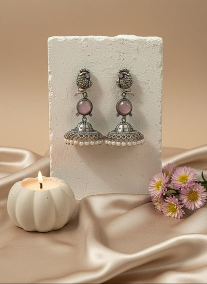 Silver Oxidized Peacock-Inspired Pink Stone Jhumka Earrings for Women - Special Occasions