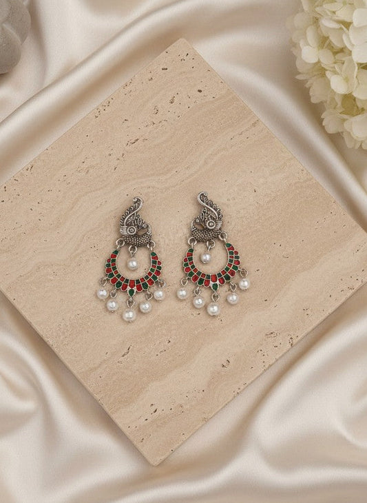 Silver Oxidized Peacock Designed Enamel Artwork with Dangling Pearl Antique Earring for Women - Festive Wear