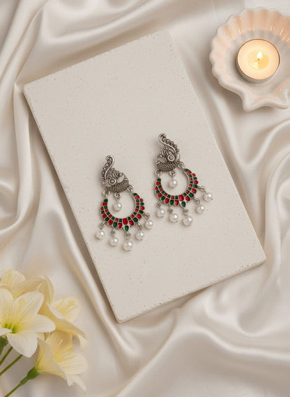 Silver Oxidized Peacock Designed Enamel Artwork with Dangling Pearl Antique Earring for Women - Festive Wear